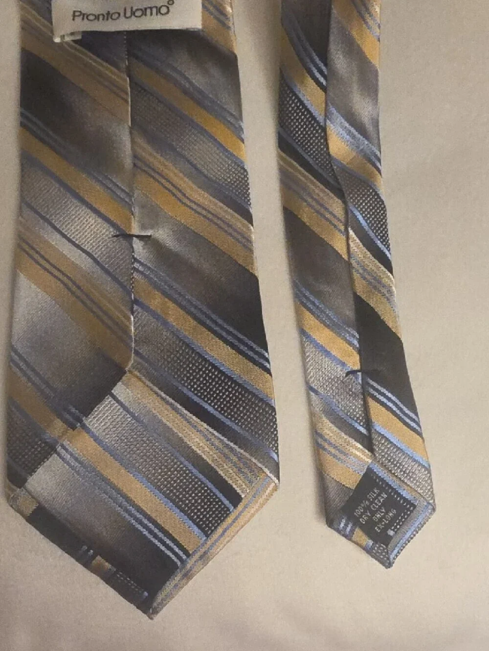 Pronto Uomo Silk Hand Made Gray Tie with Gold and Blue Stripes X Large 65 Inches